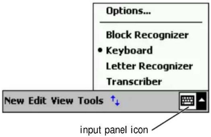 Options... Block Recognizer • Keyboard Letter Recognizer Transcriber New Edit View Tools ↑↓ input panel icon