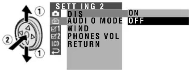SETTING 2 DIS ON AUDIO MODE OFF WIND PHONES VOL RETURN