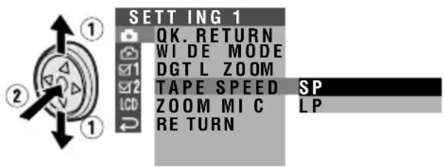 SETTING 1 OK. RETURN WIDE MODE DGTL ZOOM TAPE SPEED SP LCD ZOOM MIC LP RETURN