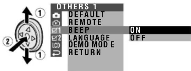 OTHERS 1: DEFAULT, REMOTE, BEEP ON, LANGUAGE OFF, DEMO MODE, RETURN