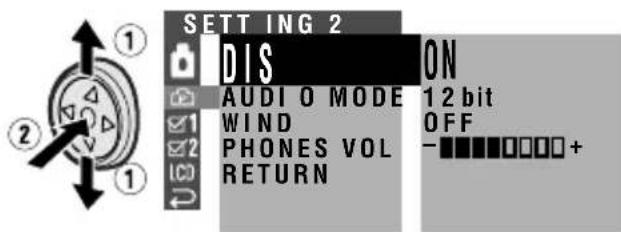 SETTING 2 DIS AUDIO MODE ON WIND 12 bit PHONES VOL OFF RETURN -■■■□□□□+