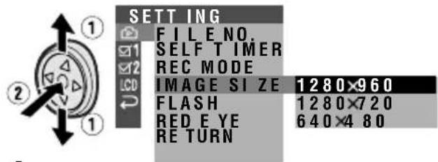 SETTING FILE NO. SELF TIMER REC MODE IMAGE SIZE 1280×960 FLASH 1280×720 RED EYE 640×480 RETURN