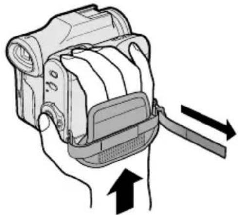 Illustration of a hand holding a camera with a belt and directional arrows indicating motion (no text or symbols)