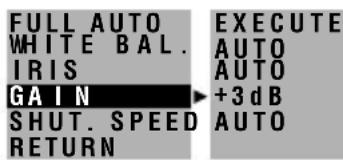 FULL AUTO WHITE BAL. IRIS GAIN SHUT. SPEED RETURN EXECUTE AUTO AUTO +3 dB AUTO