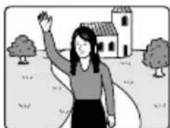 Illustration of a woman waving outdoors with a house and trees in the background (no text or symbols)