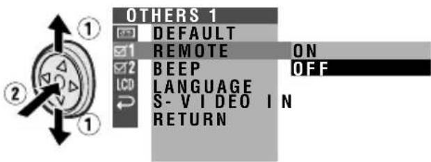 OTHERS 1 DEFAULT REMOTE ON BEEP OFF LANGUAGE S-VIDEO IN RETURN