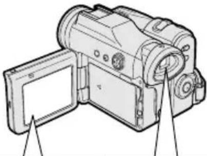 Line drawing of a digital camera with an open screen and two arrows pointing to the side panel (no text or symbols present)