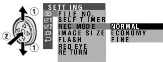 SETTING FILE NO. SELF TIMER REC MODE NORMAL IMAGE SIZE ECONOMY FLASH FINE RED EYE RETURN