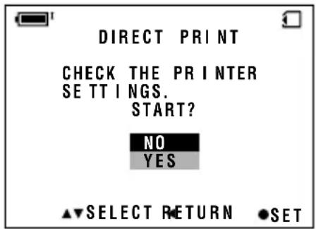 DIRECT PRINT CHECK THE PRINTER SETTINGS. START? NO YES ▲▼SELECT RETURN ●SET