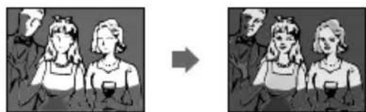 Two-panel illustration showing a woman in a dress and another person in a hat, separated by an arrow (no text or symbols)