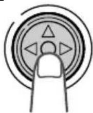 Hand gesture pointing at a circular button with triangular symbols (no text or labels)