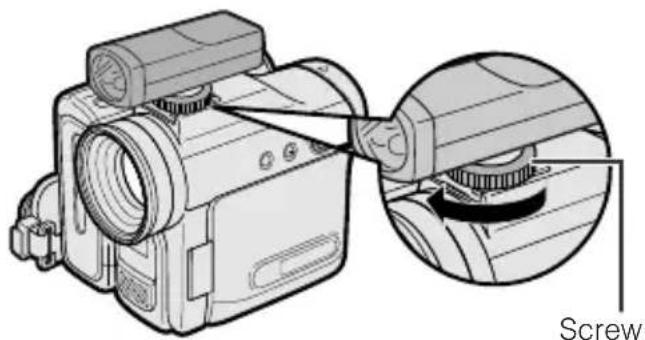 Illustration of a digital camera with a screw being inserted, showing mechanical components and a close-up view (no text or symbols)
