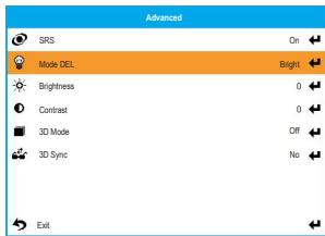 Advanced SRS On Mode DEL Bright Brightness 0 Contrast 0 3D Mode Off 3D Sync No Exit