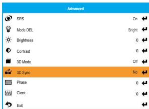 Advanced SRS On Mode DEL Bright Brightness 0 Contrast 0 3D Mode Off 3D Sync No Phase 0 Clock 0 Exit
