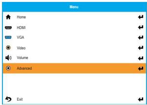Menu Home HDMI VGA Video Volume Advanced Exit