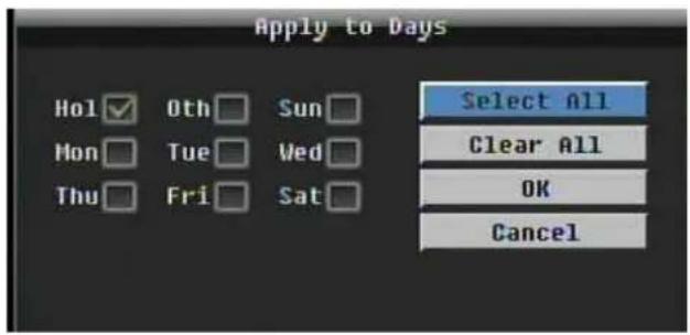 Apply to Days Hol ✓ 0th □ Sun □ Mon □ Tue □ Wed □ Thu □ Fri □ Sat □ Select All Clear All OK Cancel