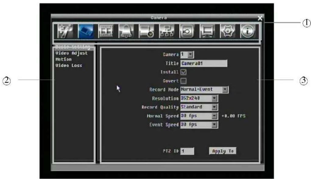 Camera Video Setting Video Adjust Motion Video Loss Camera 1 Title Camera01 Install ✓ Covert □ Record Mode Normal+Event Resolution 852x240 Record Quality Standard Normal Speed 00 fps +0.00 fps Event Speed 00 fps PT2 ID 1 Apply To ① ② ③