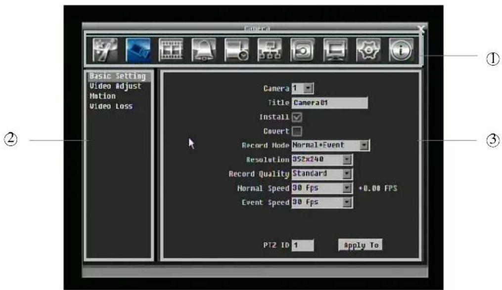 Camera Basic Setting Video Adjust Motion Video Loss Camera 1 Title Camera81 Install ✓ Covert □ Record Mode Normal+Event Resolution 052x240 Record Quality Standard Normal Speed 30 fps +0.00 FPS Event Speed 30 fps PT2 ID 1 Apply To ① ② ③