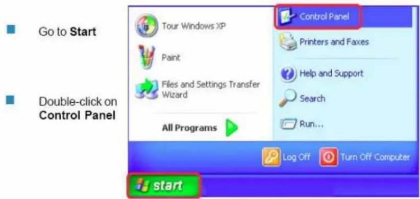 Go to Start Double-click on Control Panel Tour Windows XP Paint Files and Settings Transfer Wizard All Programs Control Panel Printers and Faxes Help and Support Search Run... Log Off Turn Off Computer start