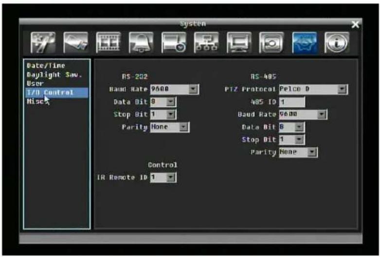 System Date/Time Daylight Sav. User I/O Control Nise RS-202 Haud Rate 9600 Data Bit 0 Stop Bit 1 Parity None Control IR Remote ID 1 RS-A05 PIZ Protocol Pelco D 485 ID 1 Haud Rate 9600 Data Bit 0 Stop Bit 1 Parity None