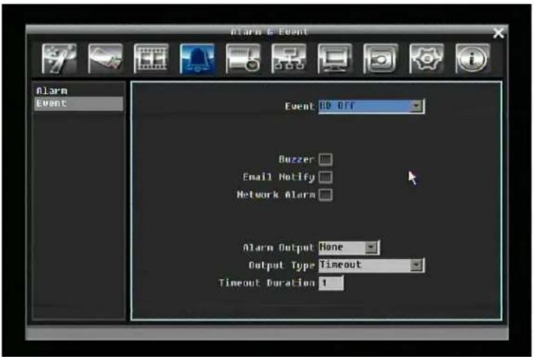 Alarm Event Alarm Event Event: 80 Off Buzzer Email Notify Network Alarm Alarm Output None Output Type Timeout Timeout Duration 1