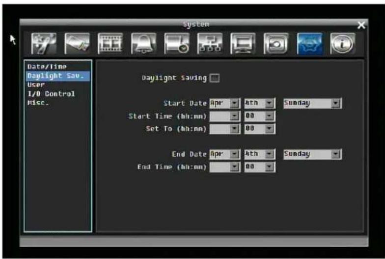 System Date/Time Daylight Sav. User I/O Control Misc. Daylight saving Start Date Apr Ath Sunday Start Time (hh:mm) 00 Set To (hh:mm) 00 End Date Apr Ath Sunday End Time (hh:mm) 00
