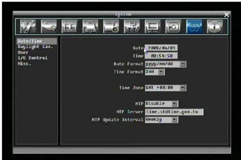 Date/Time Daylight Sav. User I/O Control Misc. Date 2009/04/01 Time 00:54:58 Date Format yyyy/mm/dd Time Format 24H Time Zone GMI +00:00 MTP Disable MTP Server time.stdtime.gov.tw MTP Update Interval Weekly