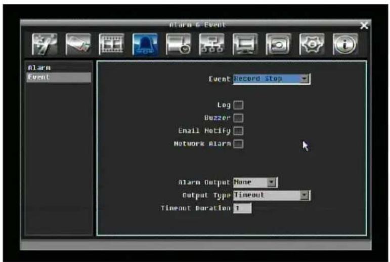Alarm & Event Alarm Event Event Record Stop Log Buzzer Email Notify Network Alarm Alarm Output None Output Type Timeout Timeout Duration 1