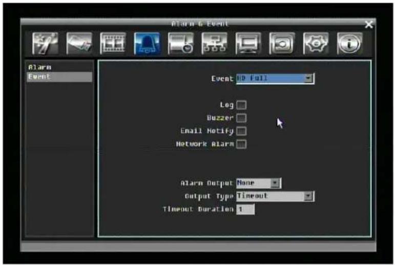 Alarm & Event Alarm Event Event HD Full Log Buzzer Email Notify Network Alarm Alarm Output None Output Type Timeout Timeout Duration 1