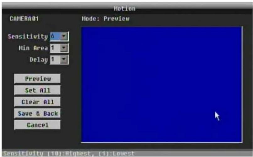 Motion CAMERA01 Mode: Preview Sensitivity 6 Min Area 1 Delay 1 Preview Set All Clear All Save & Back Cancel Sensitivity [10]:Highest, [1]:Lowest