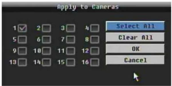 Apply to Cameras 1 ✓ 2 □ 3 □ 4 □ 5 □ 6 □ 7 □ 8 □ 9 □ 10 □ 11 □ 12 □ 13 □ 14 □ 15 □ 16 □ Select All Clear All OK Cancel