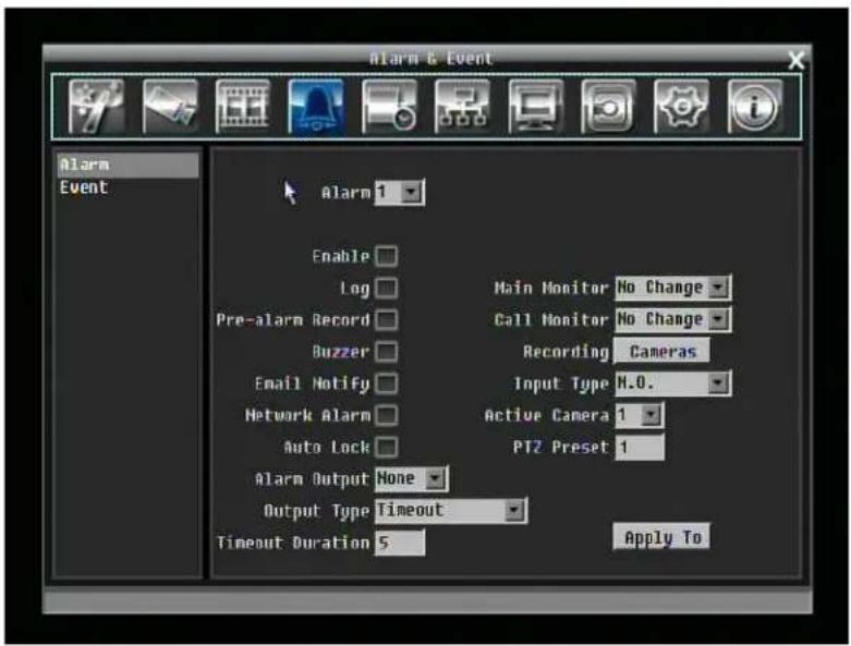 Alarm & Event Alarm Event Alarm 1 Enable Log Pre-alarm Record Buzzer Email Notify Network Alarm Auto Lock Alarm Output None Output Type Timeout Timeout Duration 5 Main Monitor No Change Call Monitor No Change Recording Cameras Input Type M.O. Active Camera 1 PTZ Preset 1 Apply To