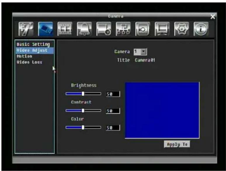 Camera Basic Setting Video Adjust Motion Video Loss Camera 1 Title Camera01 Brightness 50 Contrast 50 Color 50 Apply To
