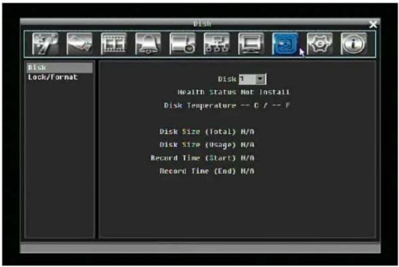 Disk Lock/Format Disk 1 Health Status Not Install Disk Temperature -- C / -- F Disk Size (Total) N/A Disk Size (Usage) N/A Record Time (Start) N/A Record Time (End) N/A