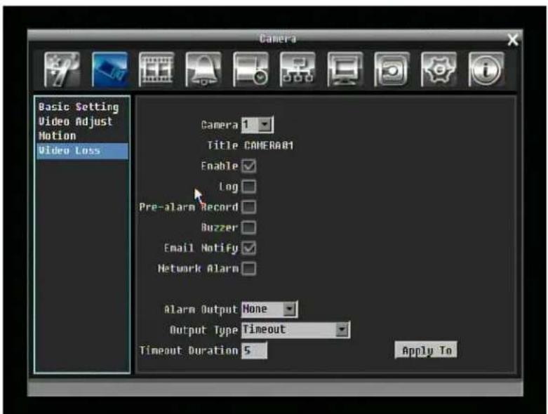 Camera Basic Setting Video Adjust Motion Video Loss Camera 1 Title CAMERAR1 Enable ✓ Log ✓ Pre-alarm Record ✓ Buzzer ✓ Email Notify ✓ Network Alarm ✓ Alarm Output None ✓ Output Type Timeout Timeout Duration 5 Apply To