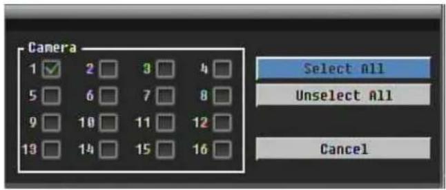 Camera 1 ✓ 2 □ 3 □ 4 □ 5 □ 6 □ 7 □ 8 □ 9 □ 10 □ 11 □ 12 □ 13 □ 14 □ 15 □ 16 □ Select All Unselect All Cancel