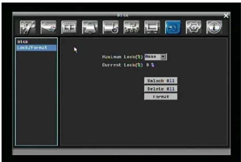 Disk Lock/Format Maximum Lock(%) None Current Lock(%) 0 % Unlock All Delete All Format