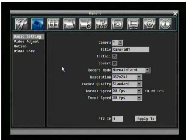 Camera Basic Setting Video Adjust Motion Video Loss Camera 1 Title Camera01 Install ✓ Covert □ Record Mode Normal+Event Resolution 852x248 Record Quality Standard Normal Speed 00 fps +0.00 FPS Event Speed 00 fps PT2 ID 1 Apply To