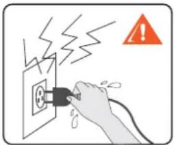 Safety warning illustration showing a hand using an electrical plug to plug into a socket, with an orange warning symbol indicating hazard.