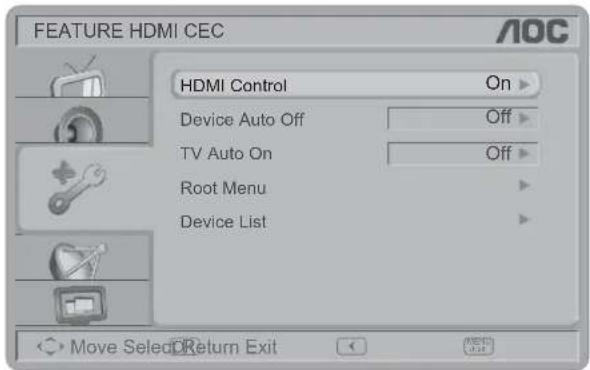 FEATURE HDMI CEC HDMI Control On Device Auto Off Off TV Auto On Off Root Menu Device List Move Select Return Exit