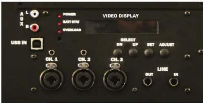 VIDEO DISPLAY POWER RUT STAT OVERLOAD USB IN SELECT ON UP SET ADJUST CHL 1 CHL 2 CHL 3 OUT LINE IN