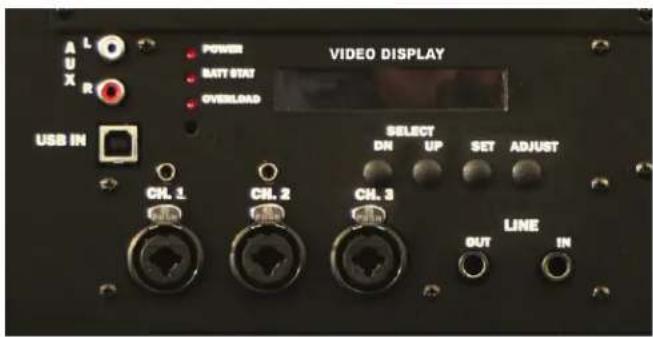 AUDIO DISPLAY POWER BATT STAT OVERLOAD USB IN SELECT DR UP SET ADJUST CHL 1 CHL 2 CHL 3 OUT LINE IN