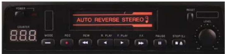 POWER COUNTER 888 MODE REC REV R. PLAY F. PLAY F.F. PAUSE STOP/ELJ AUTO REVERSE STEREO 9 RESET LEVEL