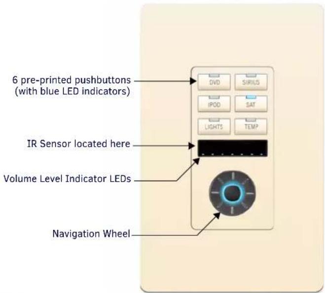 6 pre-printed pushbuttons (with blue LED indicators) IR Sensor located here Volume Level Indicator LEDs Navigation Wheel