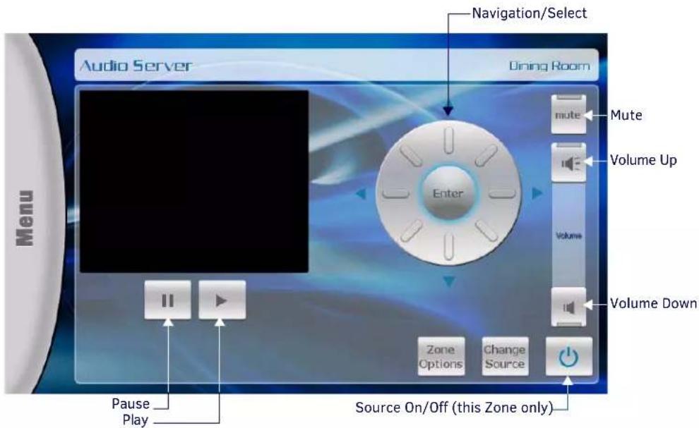 Navigation/Select Audio Server Dring Room Menu Enter mute Mute Volume Up Volume Volume Down Zone Options Change Source Pause Play Source On/Off (this Zone only)