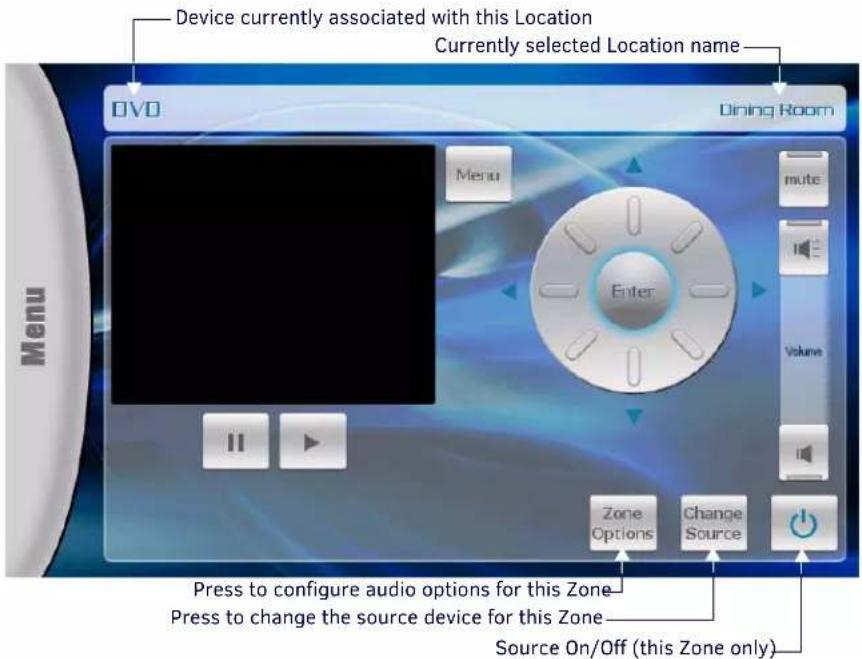Device currently associated with this Location Currently selected Location name DVD Dining Room Menu Enter Menu mute Volume Zone Options Change Source Press to configure audio options for this Zone Press to change the source device for this Zone Source On/Off (this Zone only)