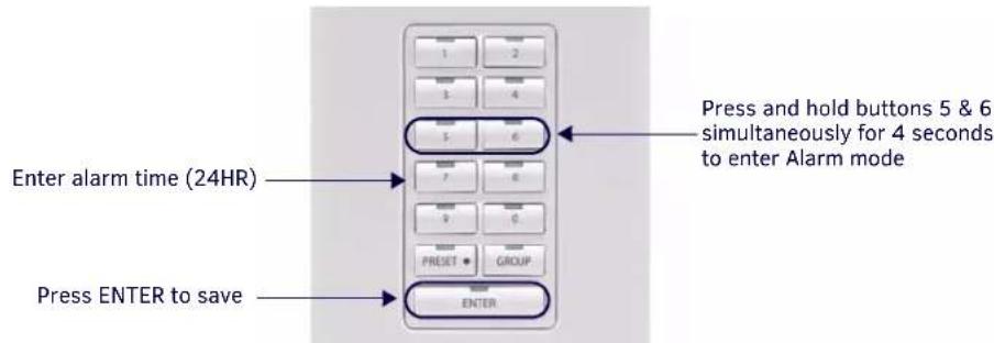 Enter alarm time (24HR) Press ENTER to save Press and hold buttons 5 & 6 simultaneously for 4 seconds to enter Alarm mode 1 2 3 4 5 6 7 8 9 0 Preset • GROUP ENTER