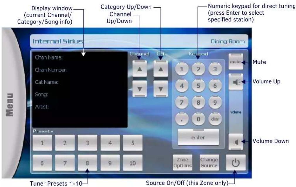 Display window (current Channel/ Category/Song info) Category Up/Down Channel Up/Down Numeric keypad for direct tuning (press Enter to select specified station) Internal Sirius Dining Room Chan Name: Chan Number: Cat Name: Song: Artist: Presets 1 2 3 4 5 6 7 8 9 10 Tuner Presets 1-10 Volume Down Volume Up Rate 1 2 3 4 5 Rate 1 2 3 Rate 4 5 6 Rate 7 8 9 Rate . 0 clear Rate enter Zone Options Change Source Source On/Off (this Zone only)