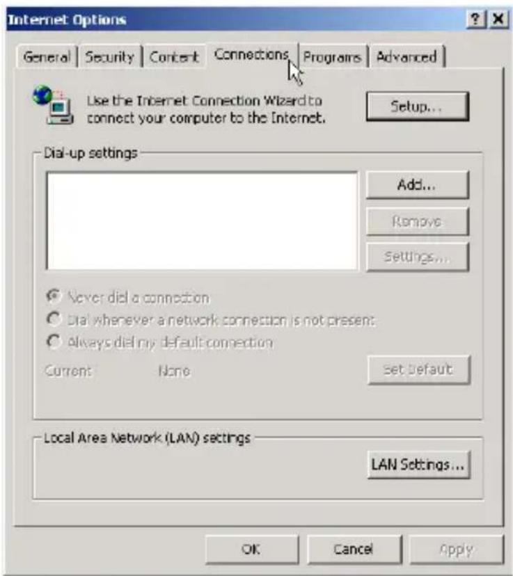 Internet Options General Security Content Connections Programs Advanced Use the Internet Connection Wizard to connect your computer to the Internet. Setup... Dial-up settings Add... Remove Settings... Never did a connection Dial whenever a network connection is not present Always did my default connection Current None Set Default Local Area Network (LAN) settings LAN Settings... OK Cancel Apply