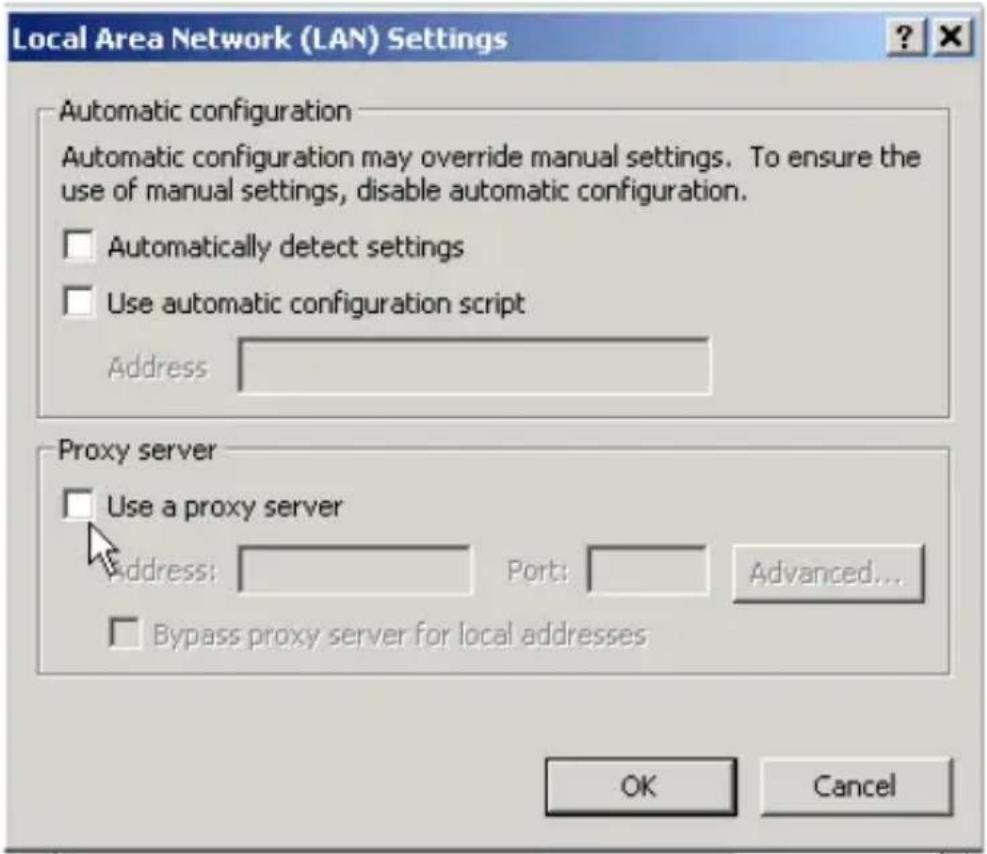 Local Area Network (LAN) Settings Automatic configuration Automatic configuration may override manual settings. To ensure the use of manual settings, disable automatic configuration. □ Automatically detect settings □ Use automatic configuration script Address Proxy server □ Use a proxy server Address: Port: Advanced... □ Bypass proxy server for local addresses OK Cancel